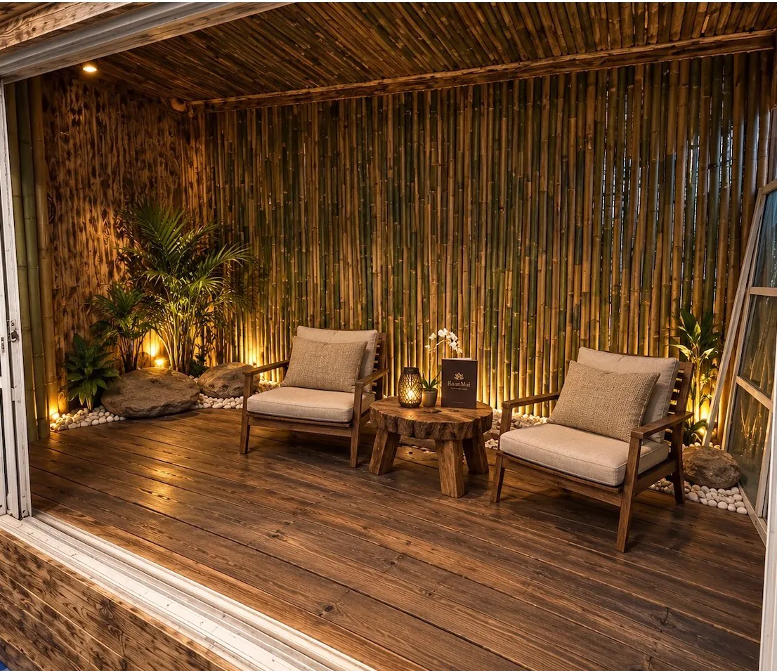 Two armchairs and a log table on a timber deck walled in bamboo.