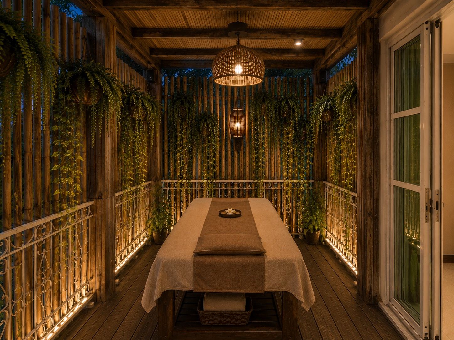 A single massage bed on a bamboo-screened terrace.