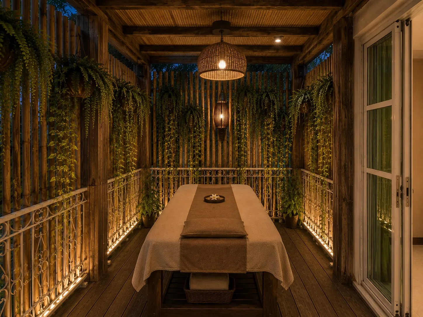 A single massage bed on a bamboo terrace, framed by hanging plants and a rattan lamp.