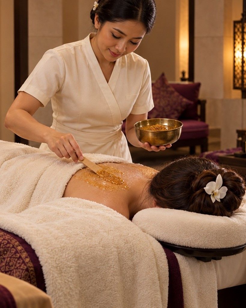A therapist applying a golden body scrub to a guest wrapped in a soft towel.