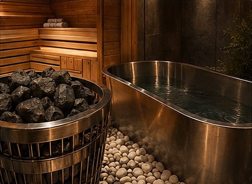 Sauna stones beside a steel cold-plunge tub.