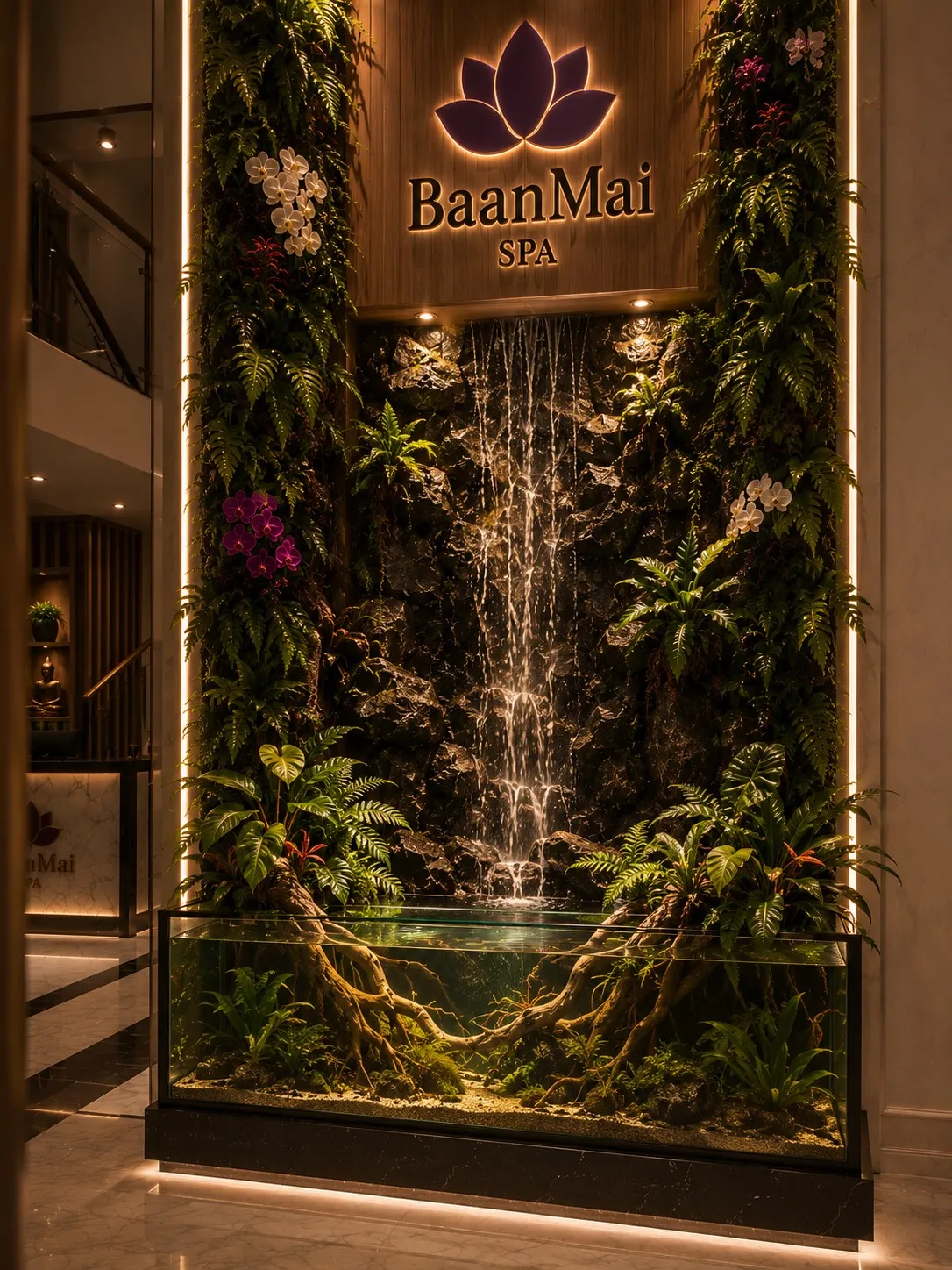 A lit rock cascade in a living green wall, with a lotus sign glowing above it.