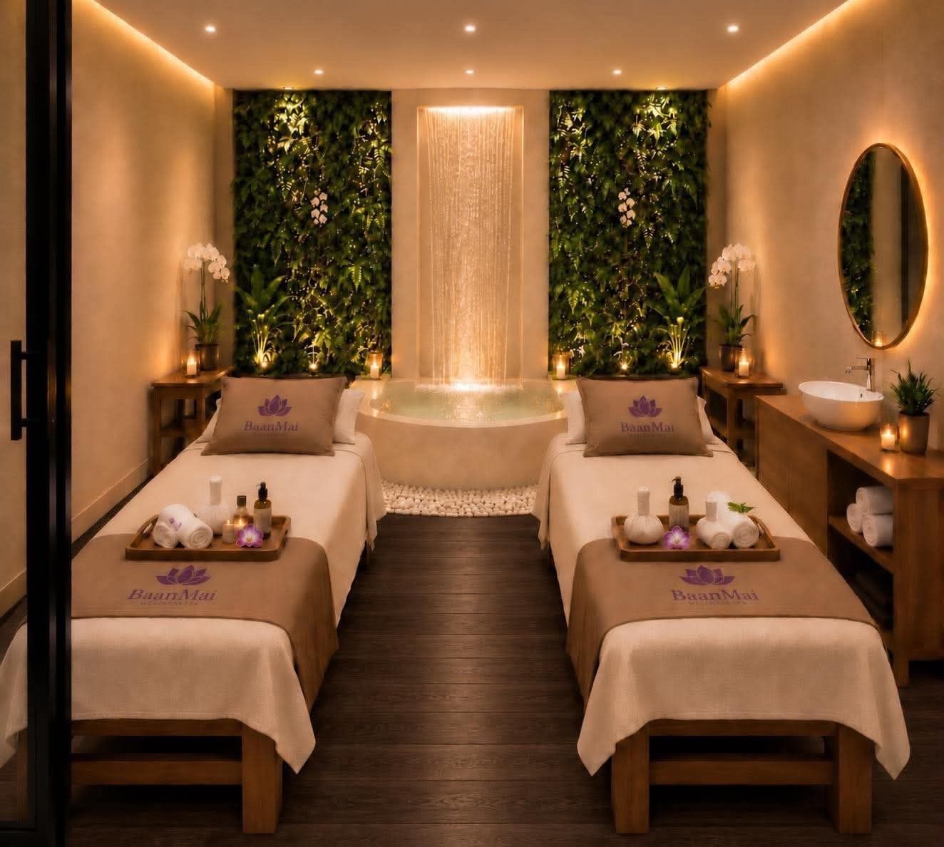 Two BaanMai spa beds either side of a stone bath beneath a lit water curtain between two living green walls.