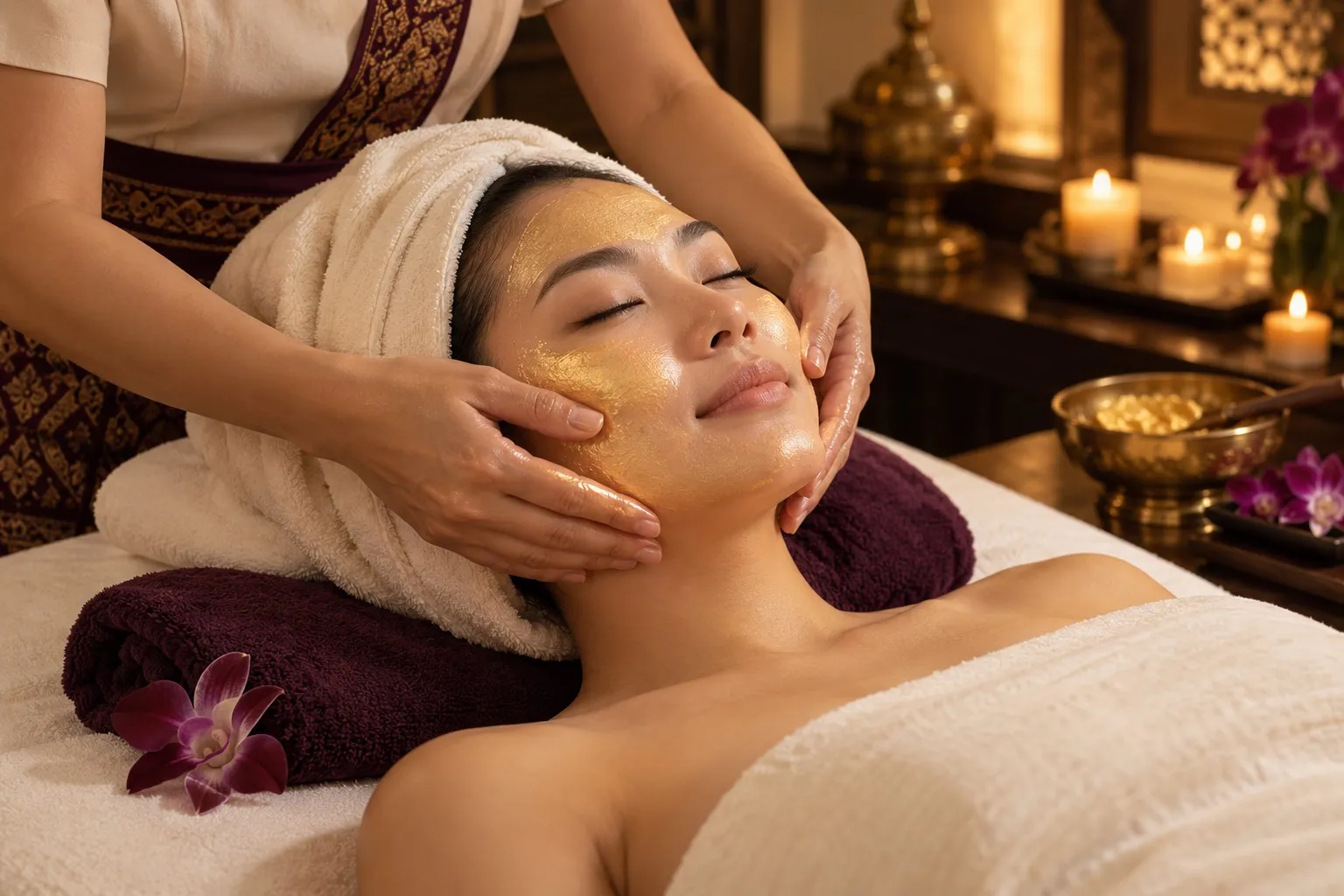 A therapist's hands lifting along the jaw of a guest wearing a gold facial mask, hair wrapped in a towel.