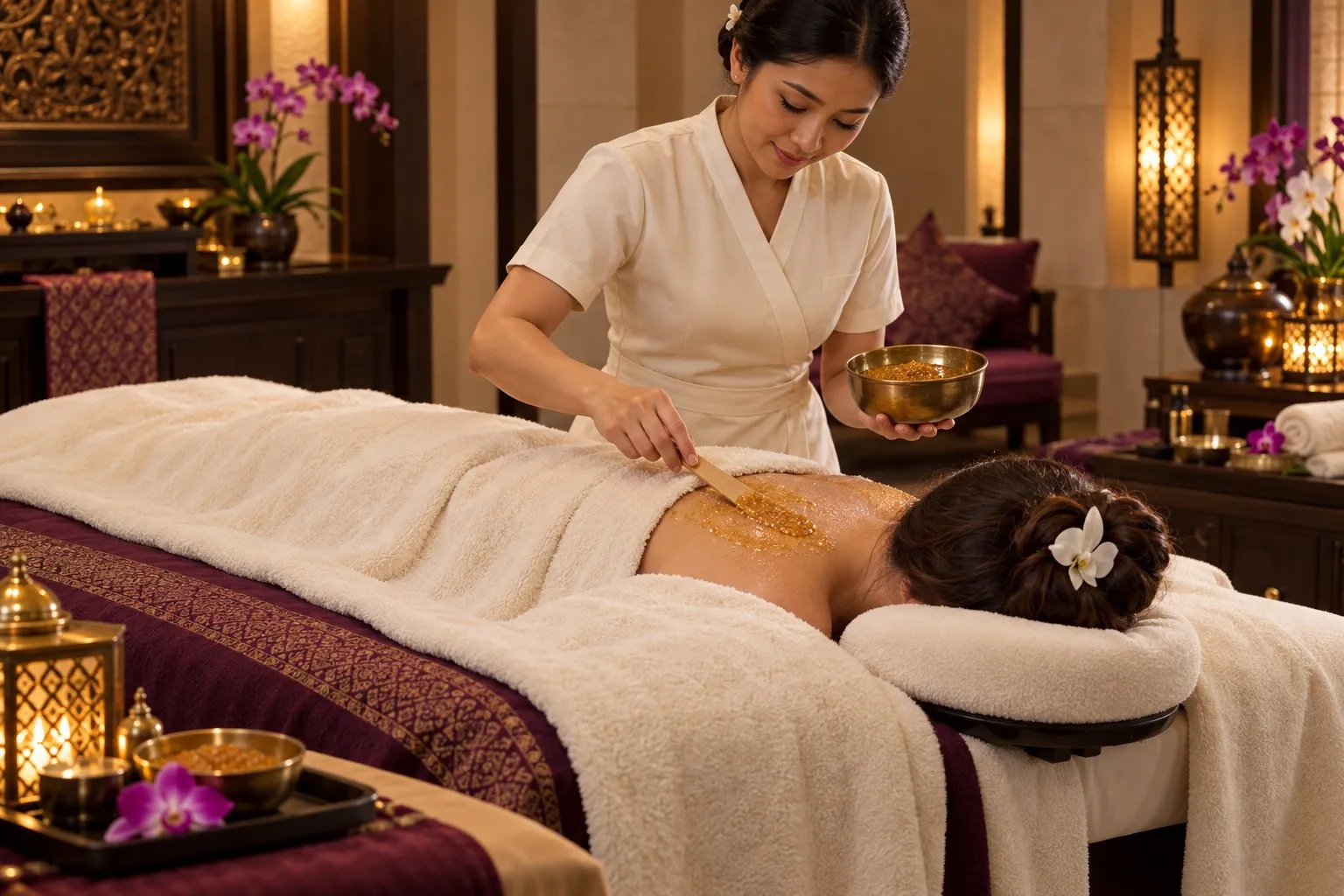 A therapist spreading a golden scrub across a guest's back from a brass bowl.
