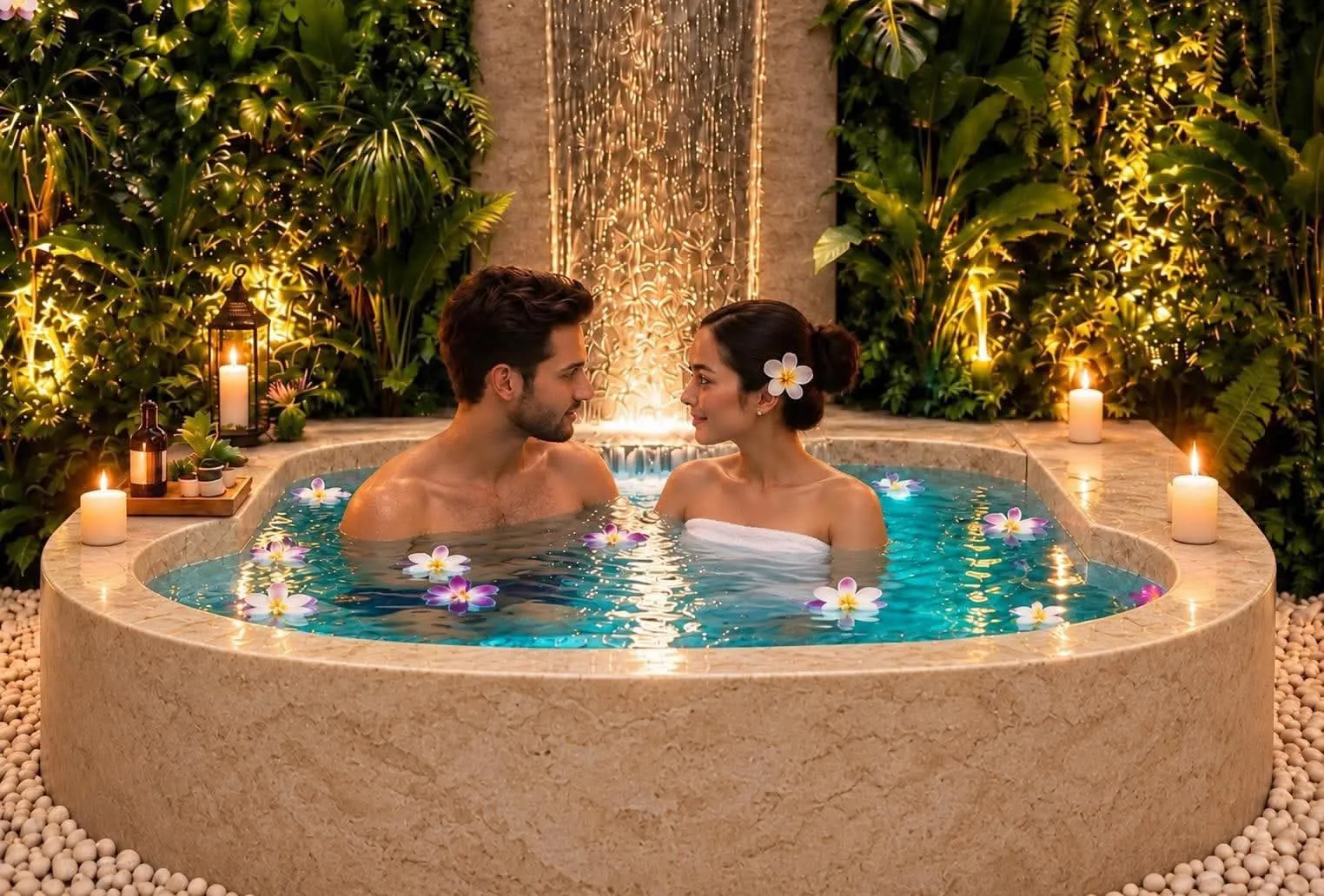 A stone hot tub with floating flowers and candles, before a water wall among plants.