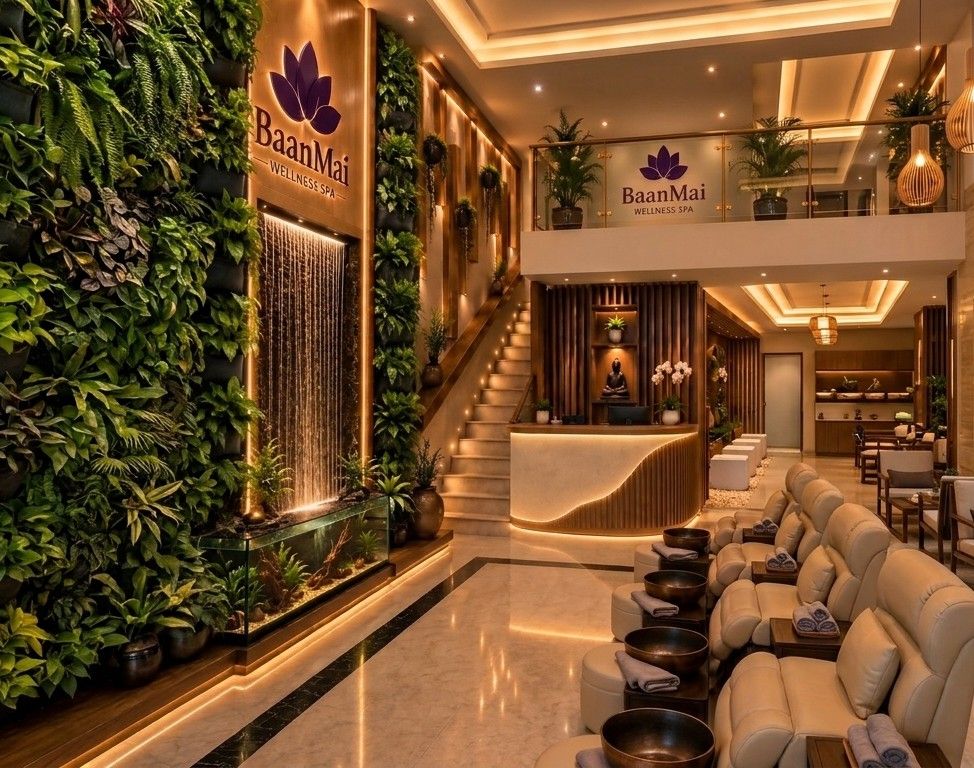 A lobby with a lit water wall in a living green wall, a stair and a reception desk.
