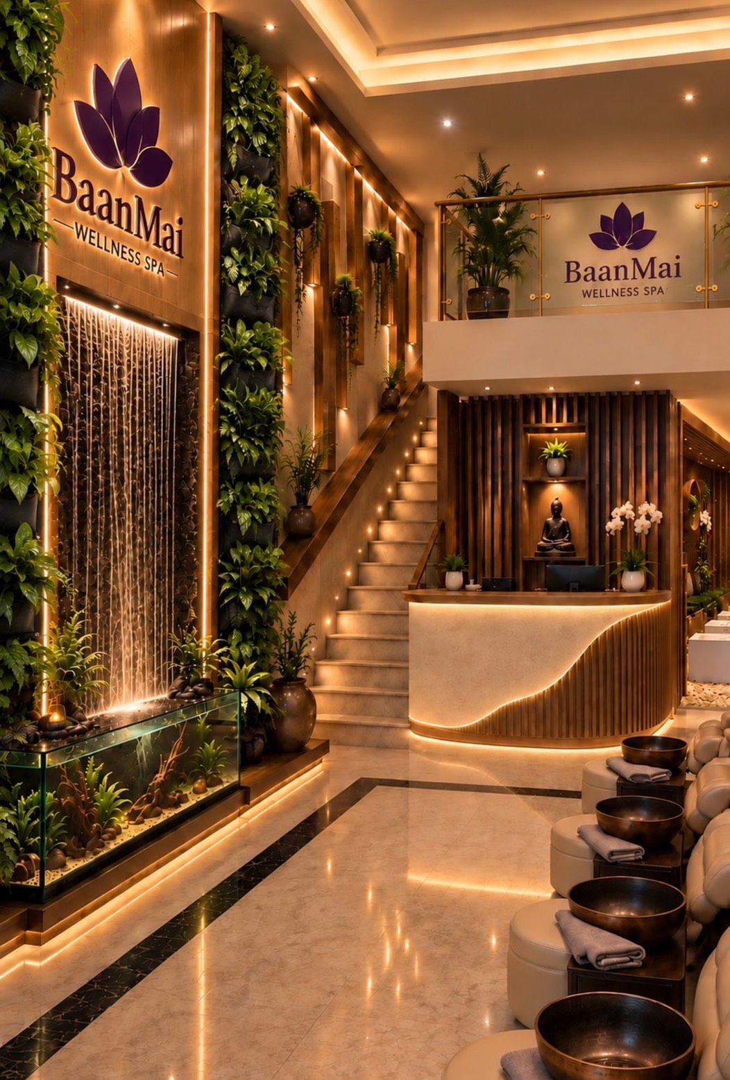 A lit water wall beside a stair and a curved timber reception desk.