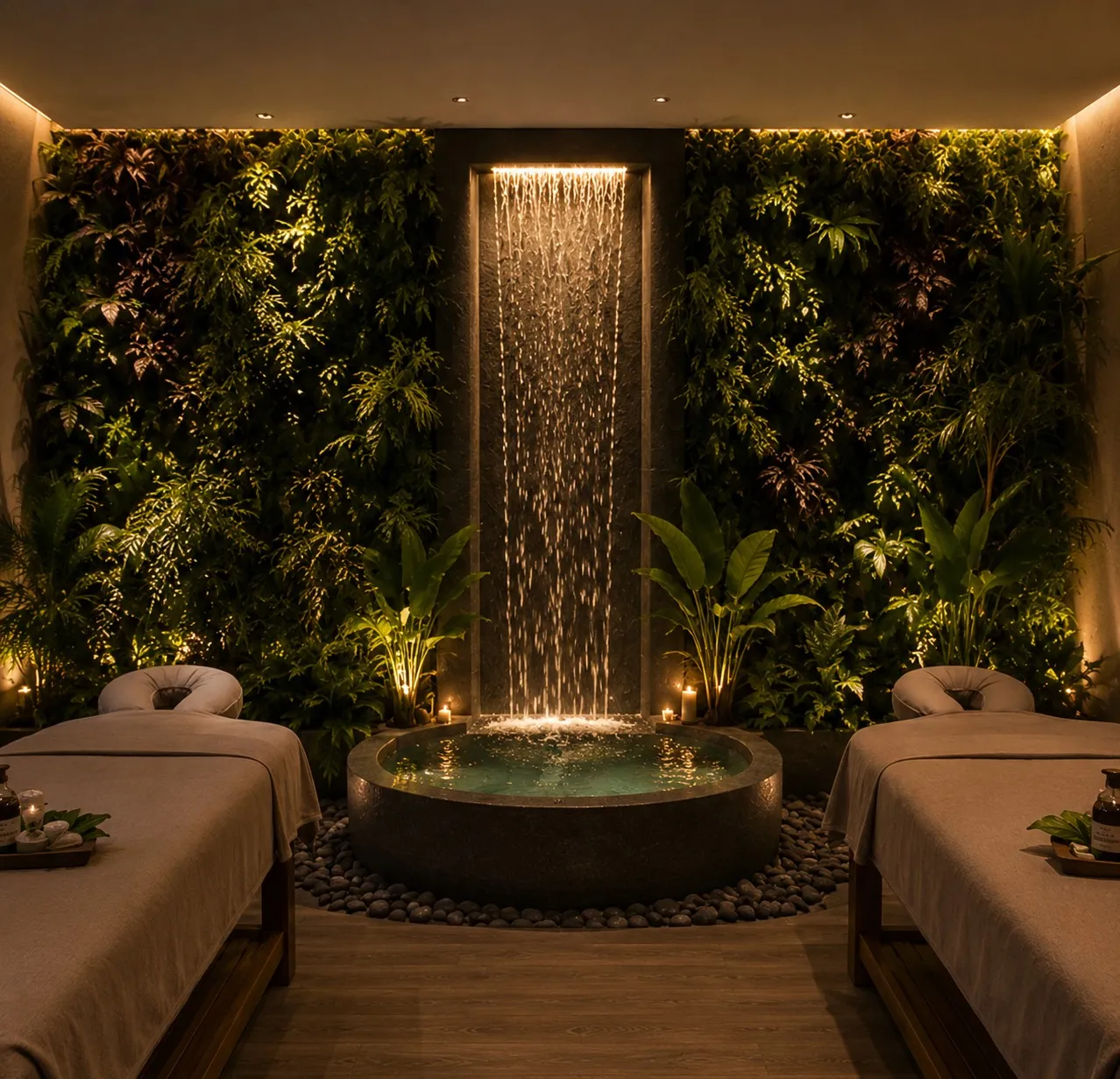 The BaanMai relaxation lounge: a lit water wall between two living green walls.