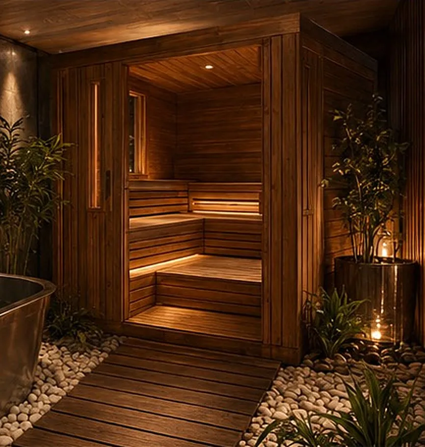 A timber sauna cabin with slatted benches, lit warm from within.