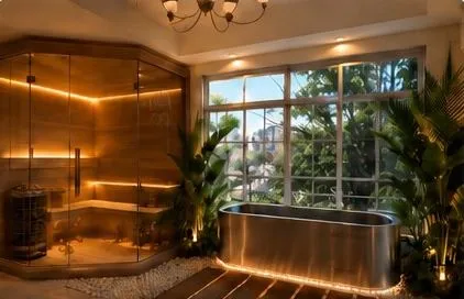 A glass-walled sauna beside a steel cold-plunge tub and a garden window.