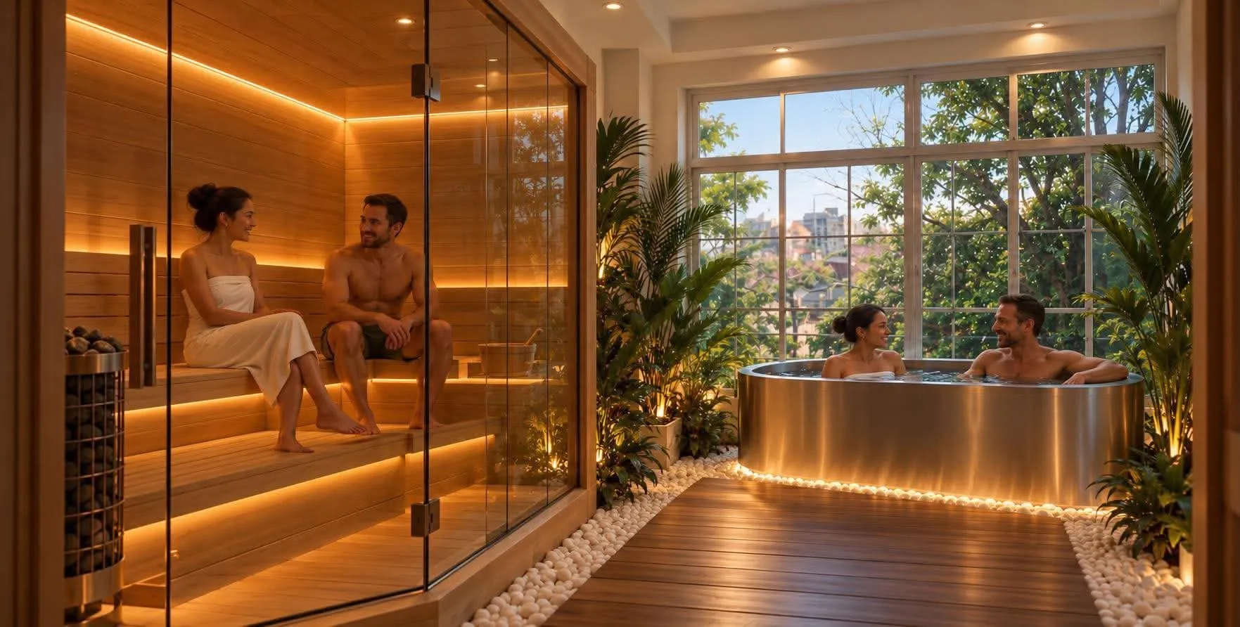 A glass-fronted sauna beside a steel cold-plunge tub under a window onto trees.