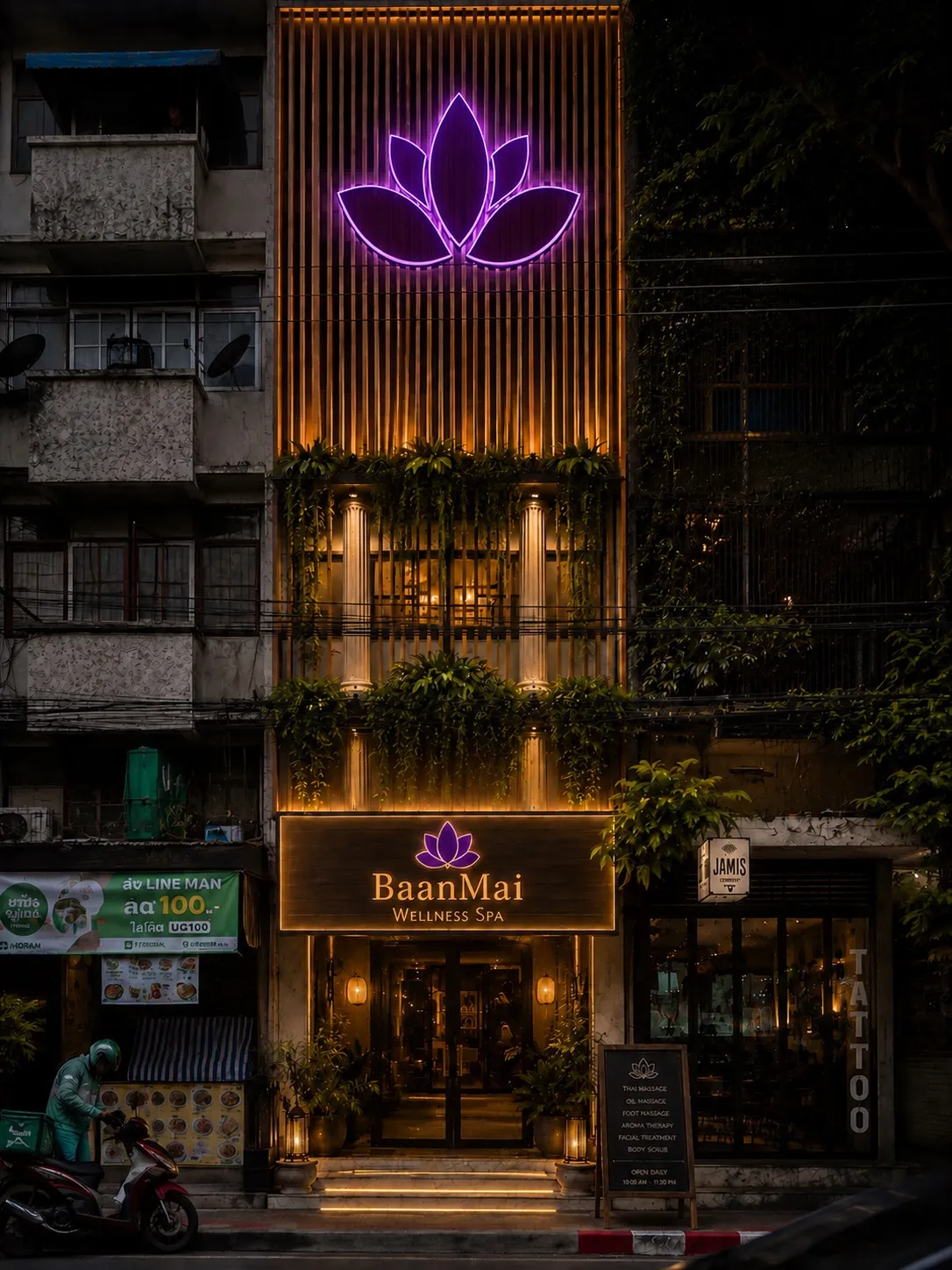 The BaanMai Spa shopfront at night, a neon lotus glowing above the entrance.