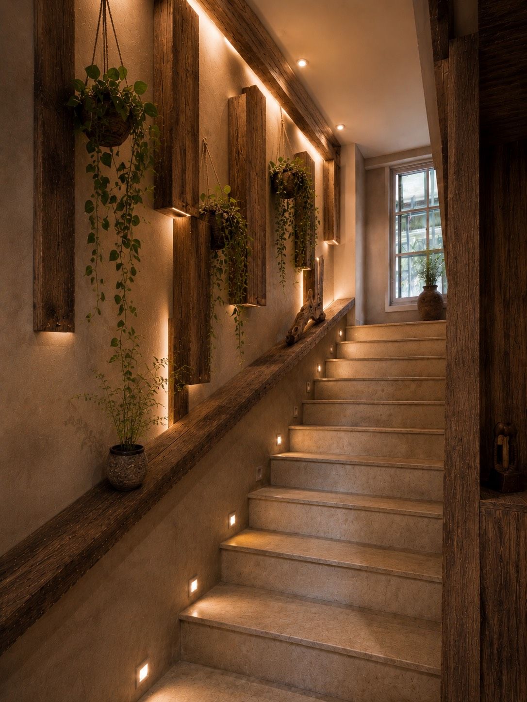A warm-lit staircase lined with timber and hanging plants.
