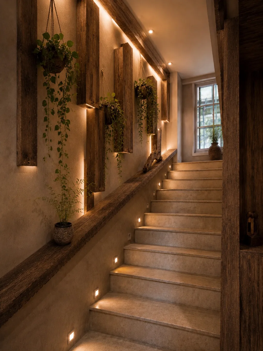 A warm-lit staircase hung with plants.