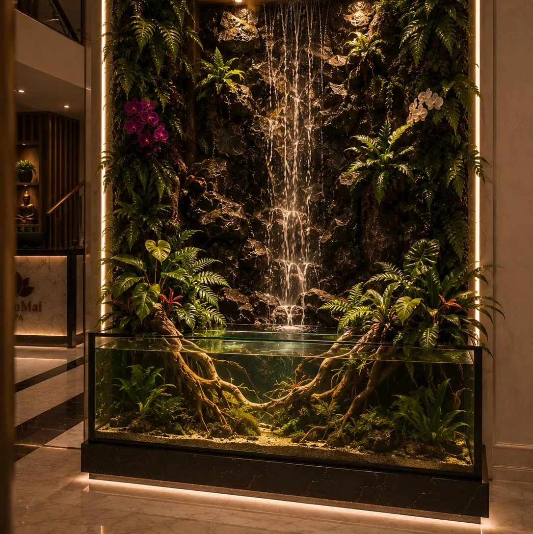 A tall planted wall with a waterfall falling into a glass basin, glowing in warm light.