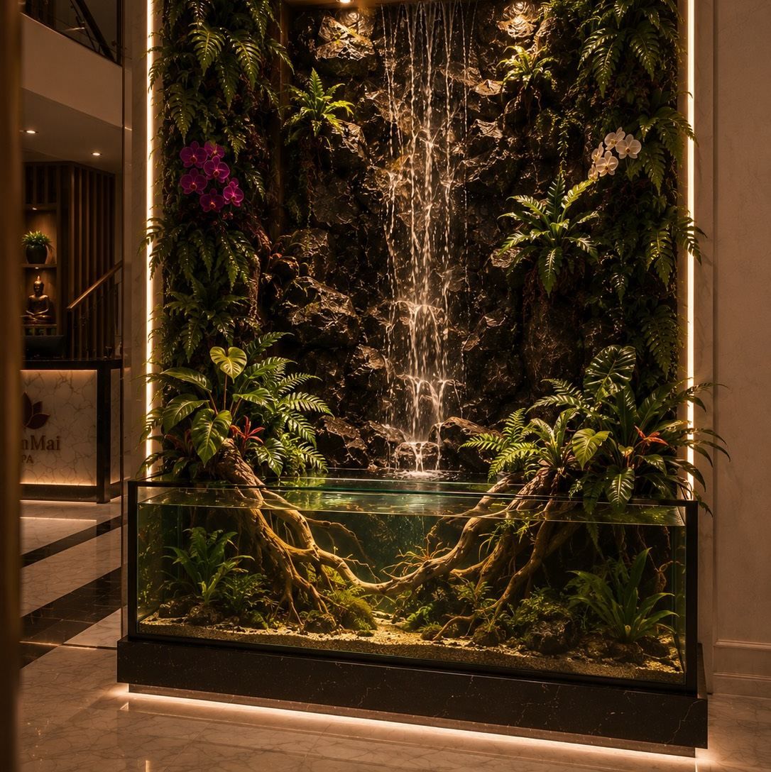 A waterfall falling through a living green wall into a glass basin.